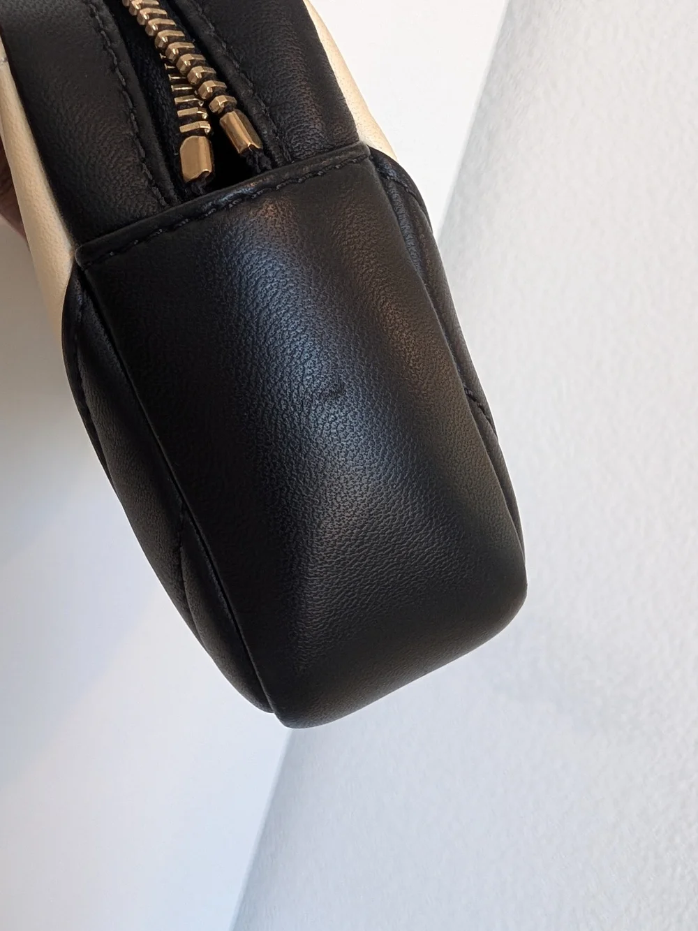 Chanel Lambskin Chevron Quilted Camera Bag In Beige And Black